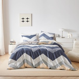 YuHeGuoJi Navy Striped Duvet Cover King 100% Cotton Blue White Geometric Duvet Cover 3 Pcs Set 1 Taupe Gray Reversible Duvet Cover with Zipper Ties 2 Pillowcases Chevron Patterned Bedding Set