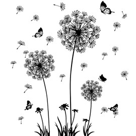 Buiory Dandelion Wall Decals Removable Flower Wall Stickers Peel and Stick Floral Butterfly Murals Dandelion Party Decoration for Bedroom Living Room Sofa Backdrop TV Dandelion Wall Decor (Black)