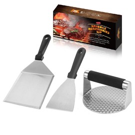 Smash Burger Press,Hamburger Spatula,Griddle Scraper,3-Piece Stainless Steel Griddle Accessories with Anti-Scald Handle