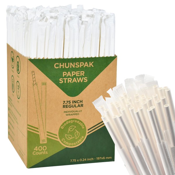 Chunspak 7.75 Inch Disposable Paper Drinking Straws Bulk Individually Wrapped,