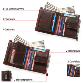 SENDEFN Mens Wallet RFID Blocking Genuine Leather Bifold Compact Wallets for Men with Zipper Coin Pocket