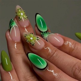 24Pcs Green Press On Nails Medium Almond Fake Nails French Tip False Nails With 3D Flower Designs Artificial Acrylic Nails Full Cover Glue On Nails Glossy Stick On Nails For Women Girls