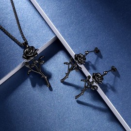 beautlace Rose Necklaces/Stud Earrings Sets Black Gun Plated Flower Jewelry Set Elegant Jewelry Gifts for Women KS0015K