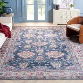 SAFAVIEH Washable Rug Tucson Collection - 8' x 10', Navy & Beige, Slip Resistant & Easy to Clean, Ideal for Living Room, Bedroom, Dining Space (TSN196N)