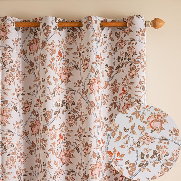 LSsudayin Bedroom 100% Blackout Floral Curtains, Brown Leaf Fruit Pattern