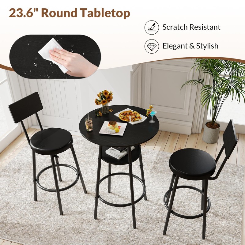 Zevemomo 3 Pieces Round Bar Table Set, Small Dining Table