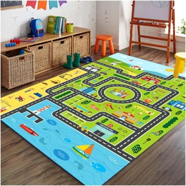 Lukhevev Kids Rug Playroom Car Rug Play Mat City Life Road Rug Fun City Map for Kids Toy Cars,Carpet for Bedroom Boys (Green-Rug, 3.3x4.9ft)