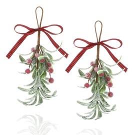 GEEHUA 2 Pcs Christmas Mistletoe Decor, Xmas Mistletoe Hanging Ornament with Plaid Bow, Artificial Red Berry Mistletoe Decorations Glitter Christmas Tree Accessories Mistletoe Kissing Ball(Red)