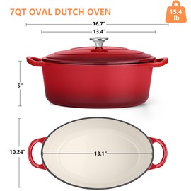 TeamFar 7QT Oval Dutch Oven, Enameled Cast Iron Dutch Oven Pot with Lid, For Bread Baking/Stewing/Braising/Frying, Suitable for Various Stoves, Non-stick & Easy Clean, Red