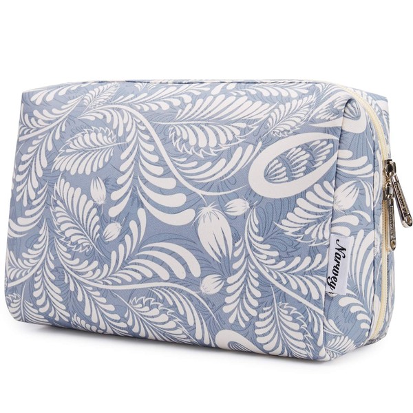 Large Makeup Bag Zipper Pouch Travel Cosmetic Organizer for Women and Girls (Large, Blue Leaf)