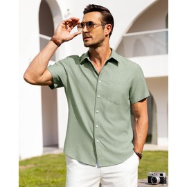 Alimens & Gentle Mens Linen Shirts Short Sleeve Button Down Shirts Wrinkle Free Casual Vacation Beach Summer Tops,Mint Green,L