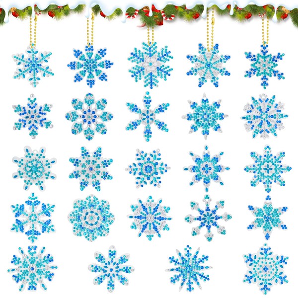 Meetory Pack of 24 Snowflakes Diamond Painting Christmas Decoration, Diamond Painting Pendants, Craft Buddy Diamond Painting Key Chain, Snowflake, Children's Christmas Tree Decoration