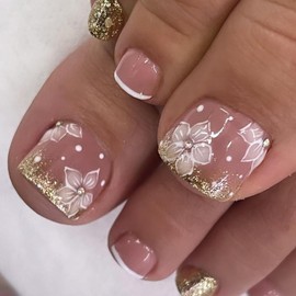 24Pcs Square Press on Toenails Short Fake Toenails Pink White French Tip Toe Nails with Floral Rhinestones and Gold Glitter Glue on Nails Design Acrylic Nails Artificial Nails for Women and Girls