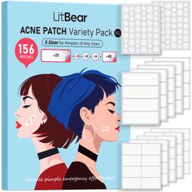 LitBear Large Acne Patches (5 Sizes, 156 Pieces), Acne Patches for Face, Chin, Back or Body, Hydrocolloid Acne Patches for All Skin Types