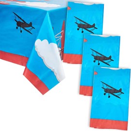 Juvale Airplane Tablecloth - 54 x 108 in, Blue, 3-Pack - Disposable Plastic Table Cover with Airplane Pattern for Birthday Parties & Air Show Events