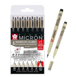 Sakura Pigma Micron-Set 7 Fineliners .005,01,02,03,05,08, Brush Made in Japan