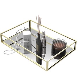 Clear Trays for Organizing,Gold Mirror Tray for Room Decor,Exquisite Perfume Tray,Makeup,Jewelry,Vanity,Dresser Top Perfume Organizer,Clear Rectangle Container and Storage Organizer for Bathroom