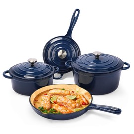 Hisencn Enameled Cast Iron Cookware Set, 7 Piece Set of Dutch Ovens, Sauce Pan, Skillet, 3 Lids, Dutch Oven Set, Ceramic Coated Cast Iron, Gas/Induction Compatible, PFA Free, Come with Organizer, Navy