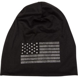styleBREAKER 04024042 Elegant Fabric Beanie Hat in USA Flag Design with Rhinestone Studs Appliqué, Long Beanie, Unisex, black