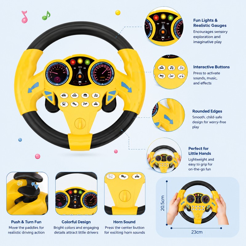 Kids Simulation Steering Wheel Toy for Pretend Play – Light