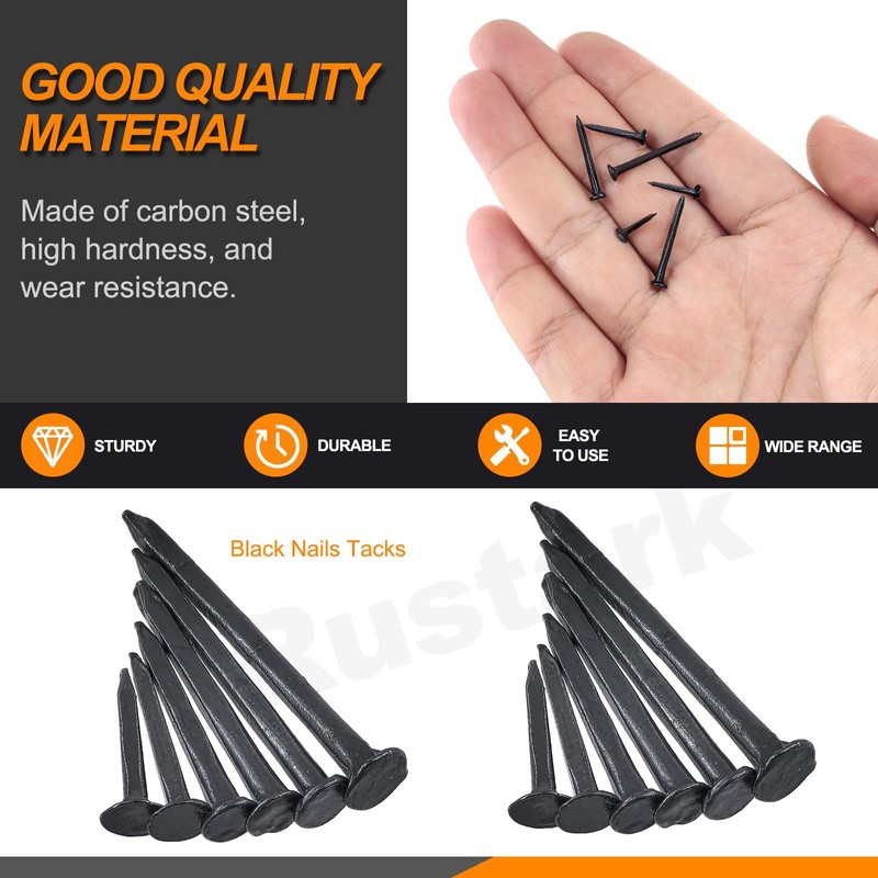 Rustark 1200Pcs 6 Sizes Black Metal Nails Tacks Assortment Kit