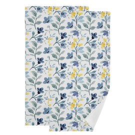 HUAZHIKOU Vintage Navy Yellow Flower Hand Towels for Bathroom Set of 2 Watercolor Blue Leaves Face Towels Microfiber Leaf Kitchen Towels Decorative Bathroom Towel for Hair Gym Shower Guest 14" x 28"