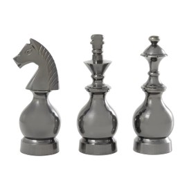 Deco 79 Aluminum Metal Chess Decorative Sculpture King, Knight, Bishop Home Decor Statues, Set of 3 Accent Figurines 9", 9", 8"H, Gray