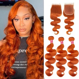 Teveshine Ginger Human Hair Bundles with Closure Body Wave 16 18 20+16 IN, Soft Thick 10A Brazilian Remy Hair 3 Bundles with 4x4 HD Closure Free Part #350 Orange Colored Closure and Bundles