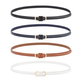 Monopa 4 Pack Women Skinny Belt - No Hole Fashion Thin Waist Belt for Dress Jeans Coats with Gold Buckle (Black+White+Brown+Navy blue)