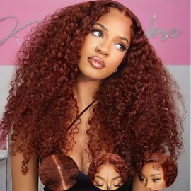 YIROO Bye Bye Knots Reddish Brown Curly Invisible Knots Wear and Go 7X5 Pre Cut Lace Front Wigs Human Hair Glueless Deep Curly HD Lace Frontal Wig Pre Bleached Pre Plucked # 33B 180% Density 18inch