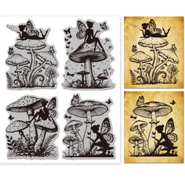 GLOBLELAND Vintage Fairy and Mushrooms Cling Rubber Stamp Butterfly 18x22cm Cling Stamps Embossing Stamp Seal for DIY Scrapbooking and Card Making Paper Craft Decor
