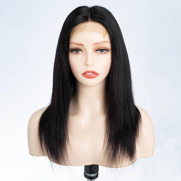 FASHION IDOL 4×4 Lace Front Wig 40 cm Long Straight Real Hair Wigs for Women Natural Black Transparent HD Lace Wig 150% Density