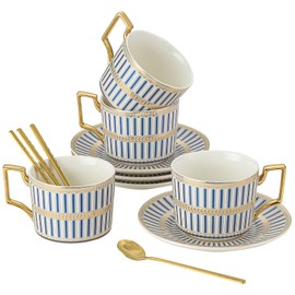 CwlwGO-Ceramic Coffe Cup and Saucer Sets,British Bone China Blue Gold Tea Cup and Saucer Service for 4, Golden, Gifts Box, China Tea Set, Tea Sets for Women,Tea Set for Adults.
