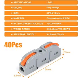 Wago Clamps Connection Clamp with Lever, Wago Feed-Through Connectors Cable Connector with 4 mm² Conductor Clamp for DIY Projects, Pack of 40