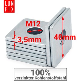 Lun Fix Square Washer M12 40 x 40 x 3.5 mm - DIN 436 | Pack of 2 | Square Washer Galvanised Steel, Flat Square Washers for Bolts Threaded Rods, Rectangular Washers with Round Hole