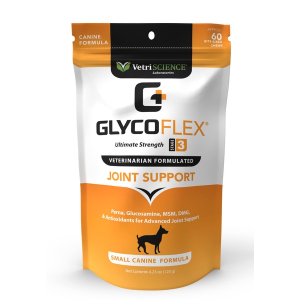 VETRISCIENCE Glycoflex 3 Clinically Proven Dog Hip and Joint Supplement with Glucosamine for Small Dogs, Chicken, 60 Chews - Vet Recommended for Mobility Support for Small Breeds