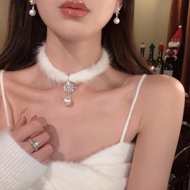Snowflake Choker Necklace for Women Christmas Necklaces Fluffy Pom Pom Earrings Snowflake Pearl Pendant Earrings Winter Christmas Jewelry (White)