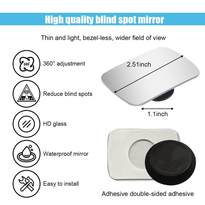 Rectangle Blind Spot Car Mirror - 2" Frameless HD Glass