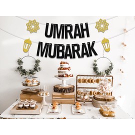 WFKLDF Umrah Mubarak Banner, Eid Party Decorations, Gold Black, 3.0x5.0 inches