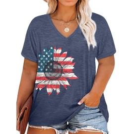 MOUSYA Plus Size Women American Flag Shirt 4th of July Patriotic V Neck T Shirts American Flag Sunflower Graphic Tee Tops