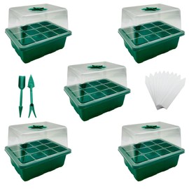 YOOAEFRTY Seed Starter Tray Seedling Kits, 5-Pack Garden Propagator Set with Adjustable Humidity Dome and Base Mini Greenhouse Germination Kit for Seeds Growing Starting (12 Cells per Tray)