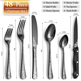 48-Piece Black Silverware Set with Steak Knife, Stainless Steel Flatware Cutlery Set Service for 8, Mirror Polished Tableware Eating Utensils Set for Home Kitchen, Dishwasher Safe