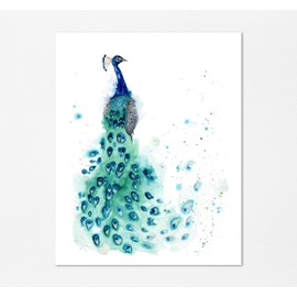 Peacock Wall Art Gift Idea, Watercolor Bird Prints, Abstract Aqua Peacock Home Decor Picture 8x10" UNFRAMED, Crafty Cow Design