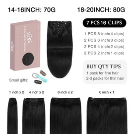 SUYYA Clip in Hair Extensions Real Human Hair, Silky Straight Remy Hair Extensions Clip in 7 PCS Double Weft Seamless Clip in Hair Extension 18 Inches #1 Jet Black 80G