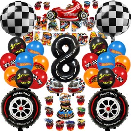 Chingcoo 54 Pieces Hot Whels Birthday Decoration 8 Years Boy, Hot Whels Birthday Party Set Boy, Car Birthday Decoration Racing Car Birthday Decoration Wheels Balloons for 8 Years Boy Birthday Party