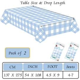 Light Blue Gingham Tablecloth - Premium Durable PEVA, Waterproof & Spill-Proof, Easy Clean - Perfect for Parties, Picnics, Birthdays, Outdoor & Indoor Use