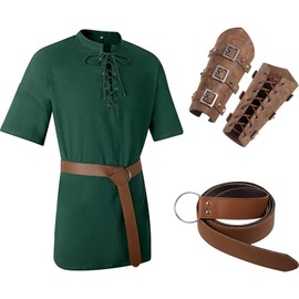 Jeyiour 3 Pcs Renaissance Costume Men Medieval Viking Tunic Knight Costume Faux Leather Arm Guards and Shirts(XXL,Dark Green)