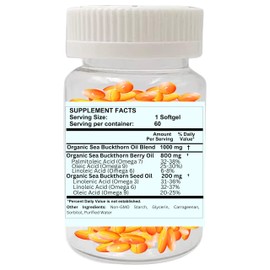 Organic Vegan Sea Buckthorn Oil Supplement with Omega-7 for Healthy Skin, Hair, Nails Support- 60 Softgels