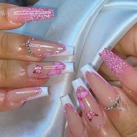 ANDGING French Tip Coffin Medium Pink Fake Nails with Ombre Glitter Rhinestone Butterfly Design, 24pcs (12 Sets) Acrylic Press-on Nails, Included