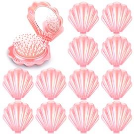 Meanplan 12 Pcs Mini Foldable Travel Hair Brush with Mirror Shell Shape Pocket Makeup Mirror Compact Hair Massage Comb Brush for Women Girls Hairstyles Bridal Shower Gift Party Supplies (Pink)